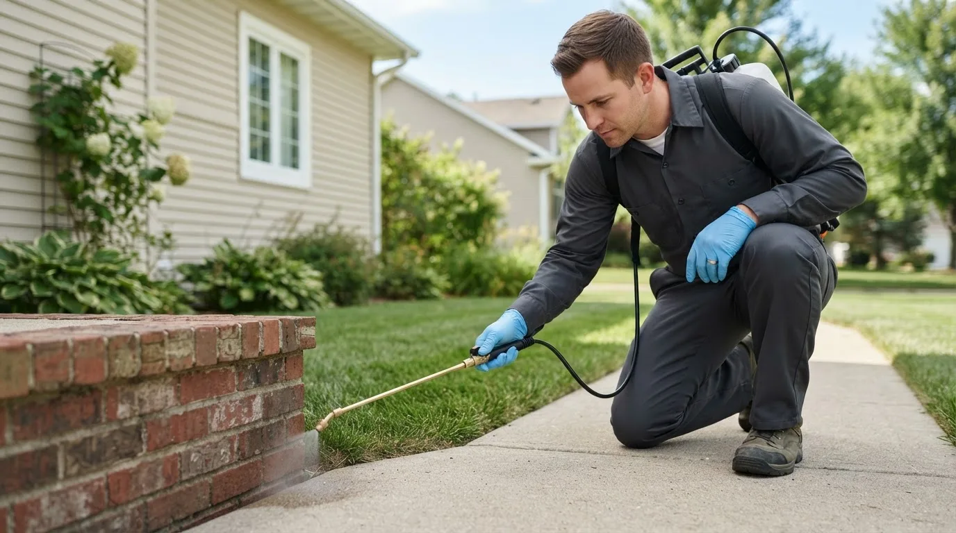 Pest control technician treating a home near Rockingham, NC